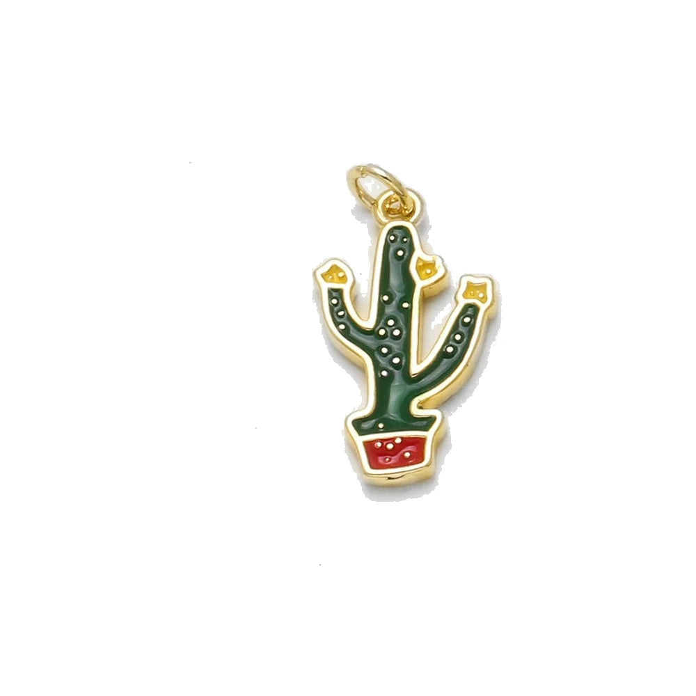 Green Cactus Enamel Pendant Charm in gold-plated copper on white background