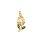White Tulip Crystal Pendant Charm in gold-plated copper on white background