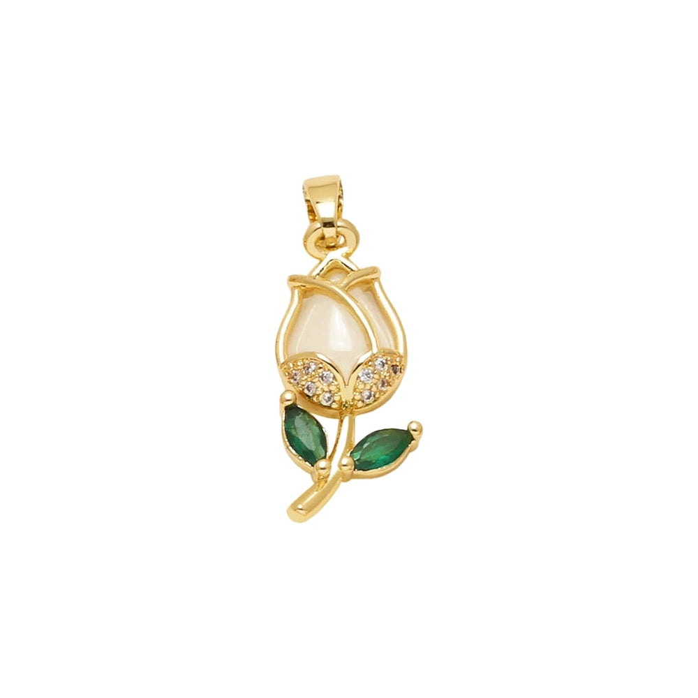 White Tulip Crystal Pendant Charm in gold-plated copper on white background