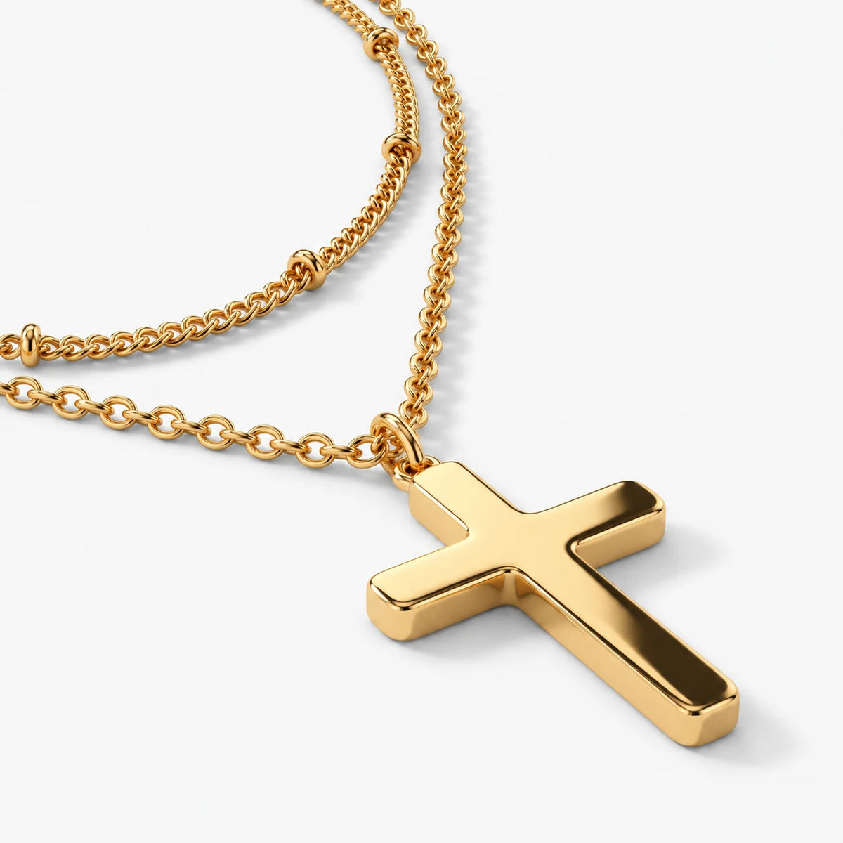 Faithbound Layered Cross Necklace in 14K gold plating with two polished chains