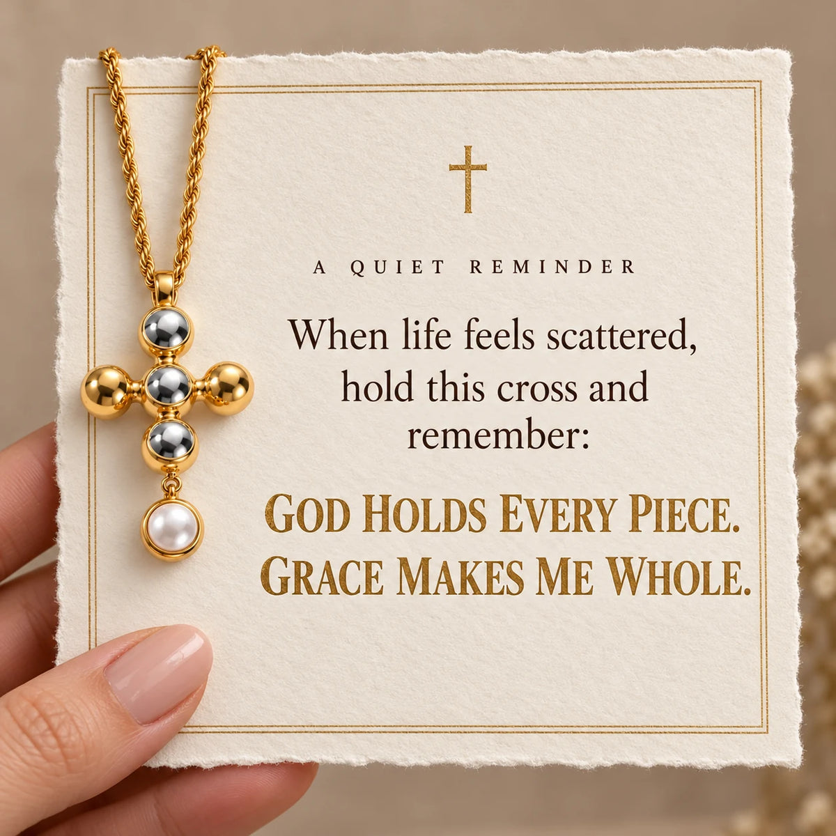 Dome Cross Pearl Necklace — Grace Makes You Whole devotional card