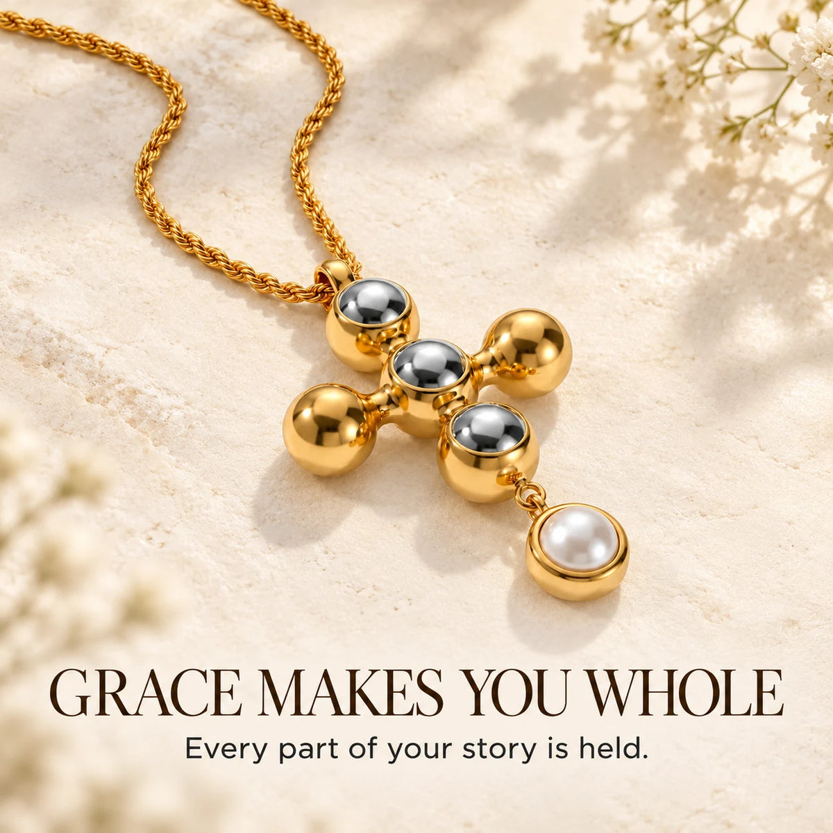 Dome Cross Pearl Necklace — Grace Makes You Whole emotional thumbnail
