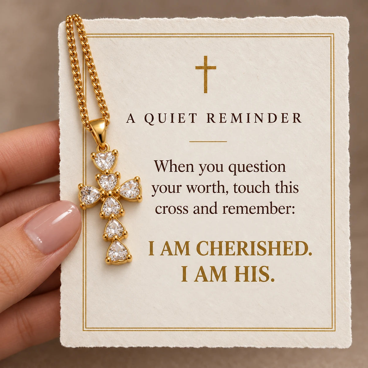 Cherish Cross Necklace devotional card — I Am Cherished, I Am His