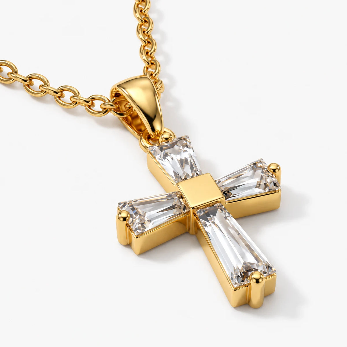 Haven Cross Necklace in 18K gold plating with four baguette CZ stones