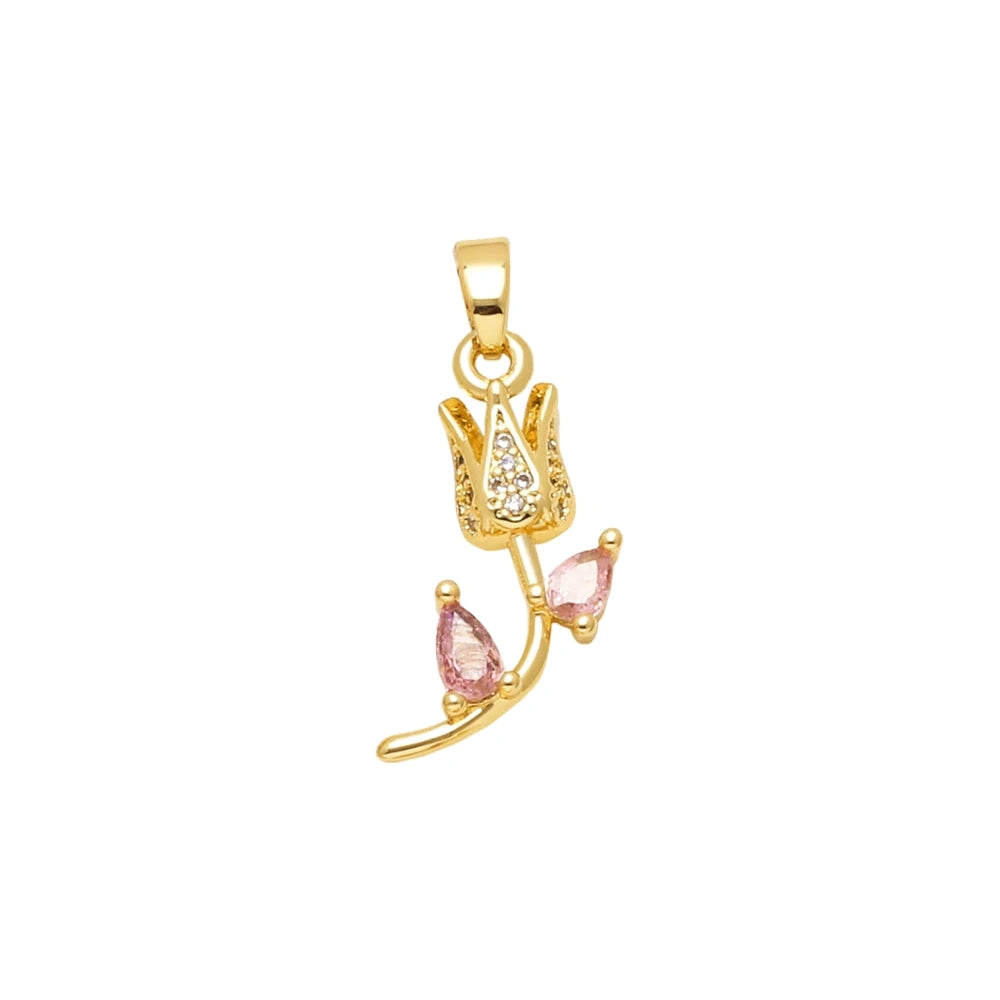 Pink Crystal Tulip Pendant Charm in gold-plated copper on white background
