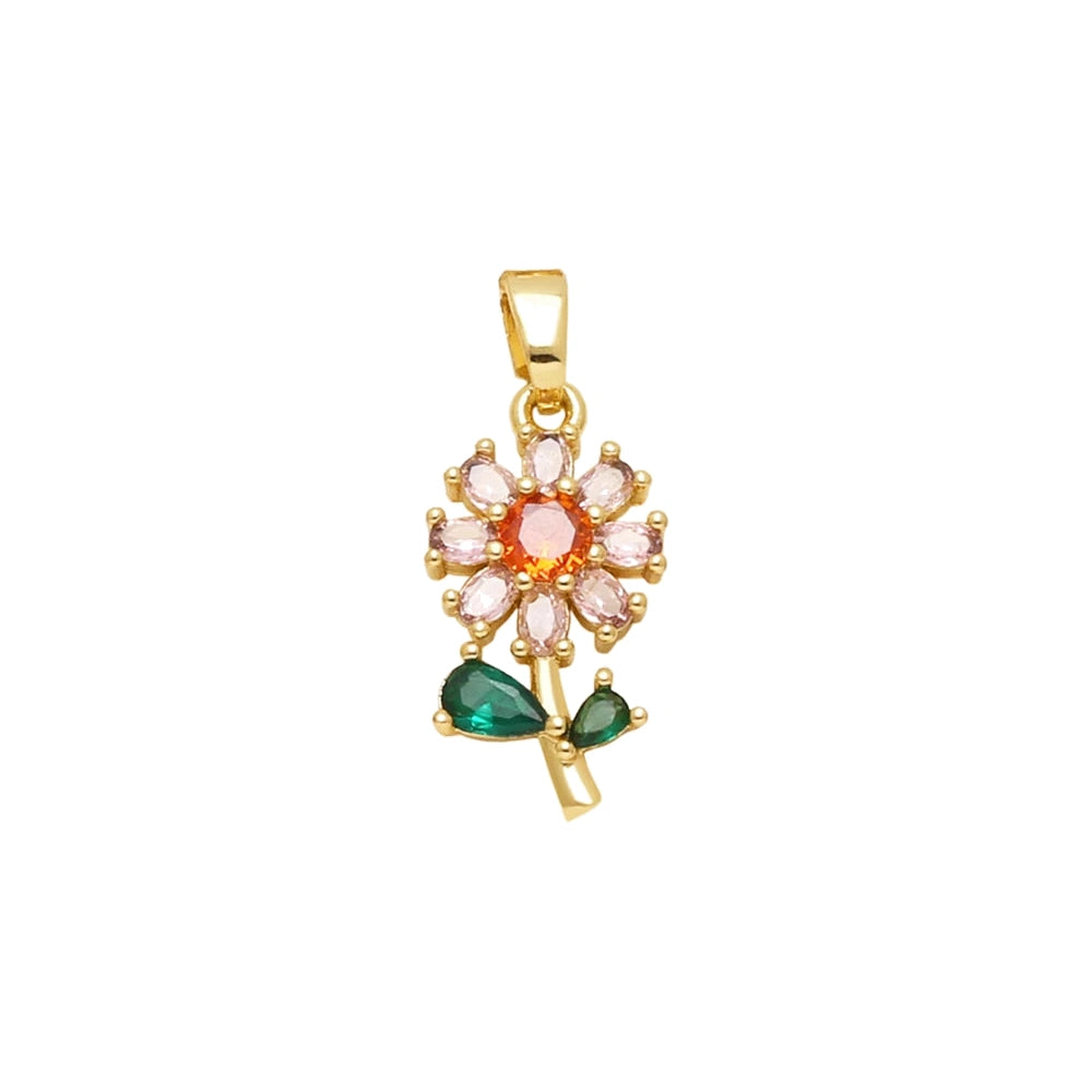 Multicolor Crystal Flower Pendant Charm in gold-plated copper on white background