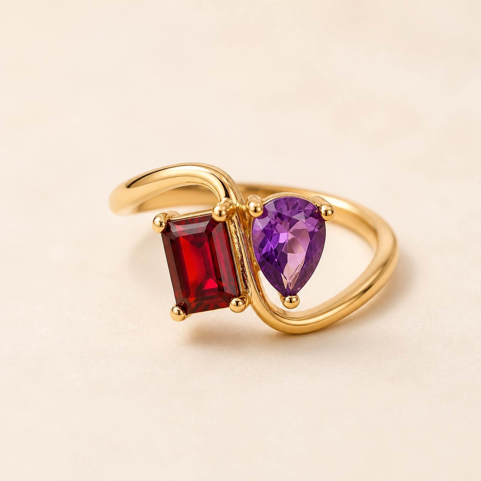 18K gold plated two stone birthstone ring with garnet and amethyst