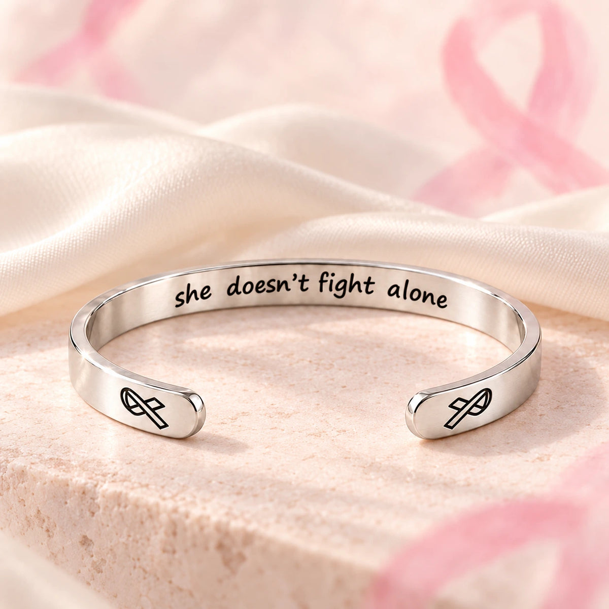 Silver cancer-support cuff – she doesn’t fight alone inner engraving and ribbon ends