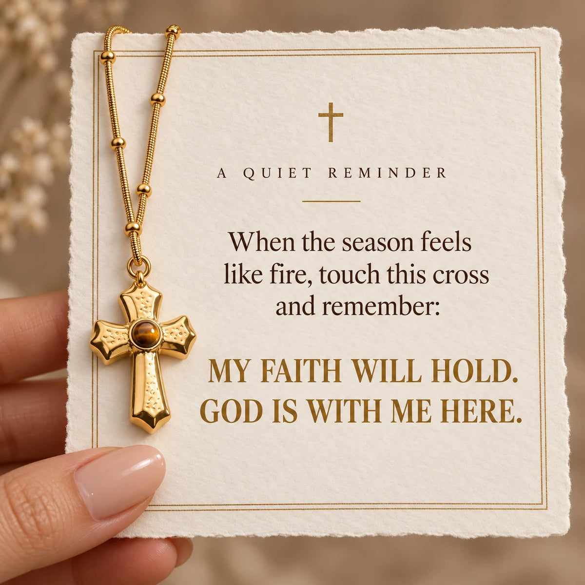 Ember Cross Necklace — Faith Through the Fire devotional card