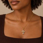 Woman wearing the 18K gold plated Haven Cross Necklace