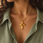 Woman wearing the 18K gold plated Ember Cross Necklace