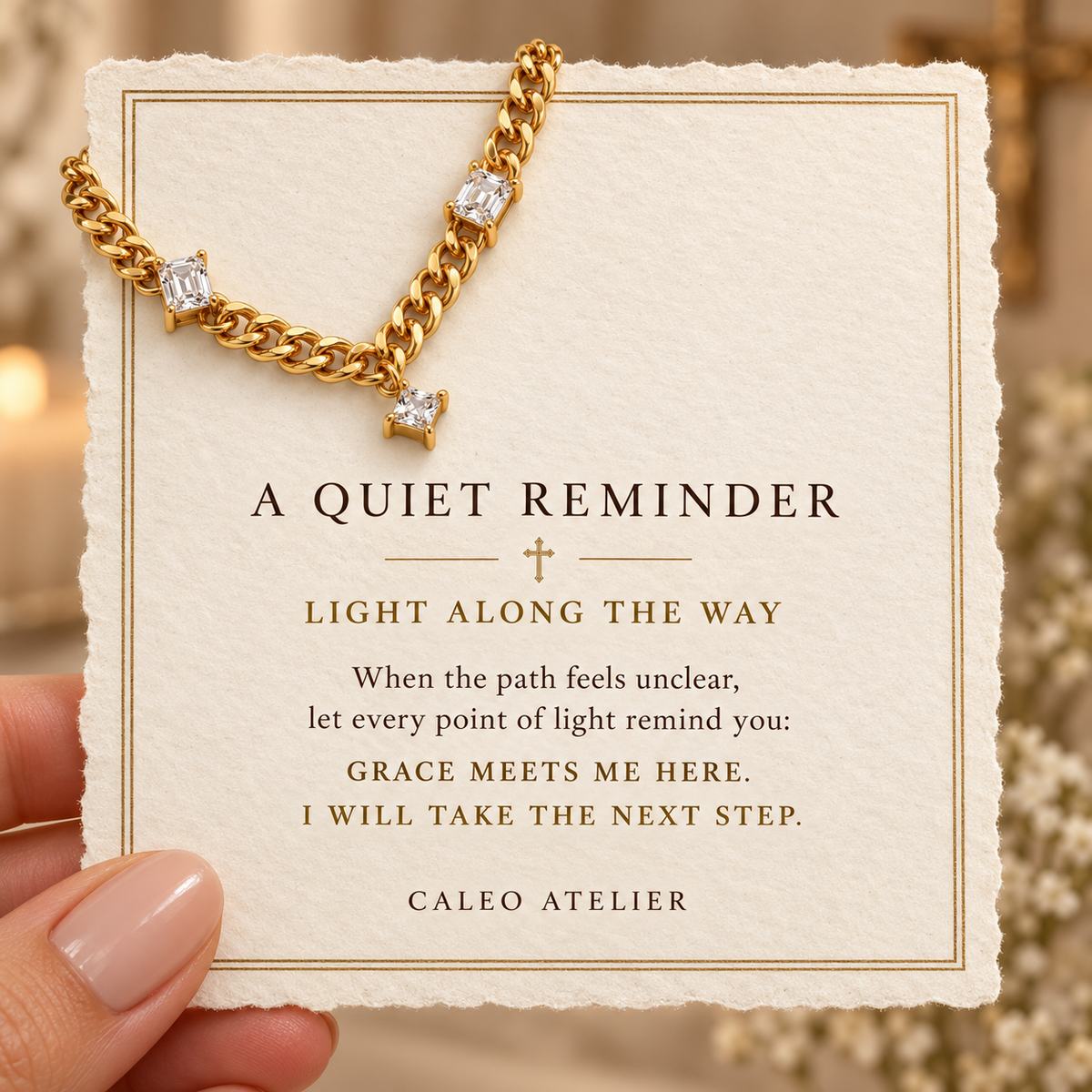 Celeste Crystal Station Necklace devotional card