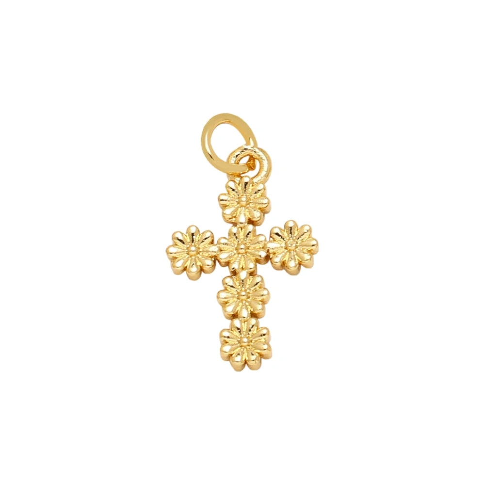 Floral Cross Dangle Charm in gold-plated copper on white background