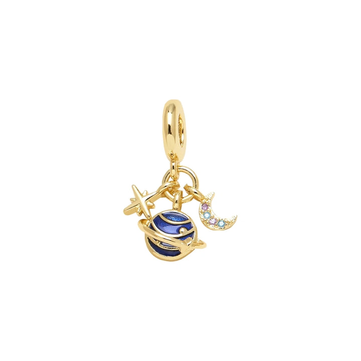 Blue Planet Celestial Dangle Charm in gold-plated copper on white background