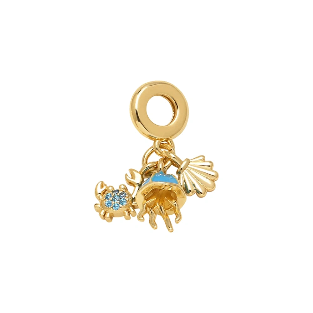 Blue Ocean Crab & Jellyfish Dangle Charm in gold-plated copper on white background