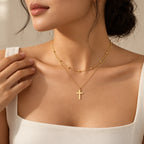 14K gold plated Faithbound Layered Cross Necklace worn in a layered look