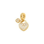 Crystal Heart Lock Dangle Charm in gold-plated copper on white background