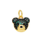 Green Crystal Bear Face Dangle Charm in gold-plated copper on white background