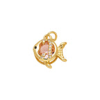 Blush Crystal Fish Dangle Charm in gold-plated copper on white background