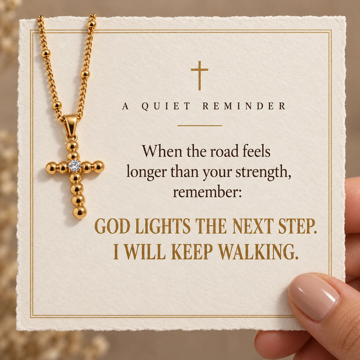 Glimmer Bead Cross Necklace — A Light for Every Step devotional card