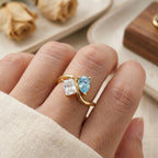 Personalized two stone birthstone ring with clear and blue stones