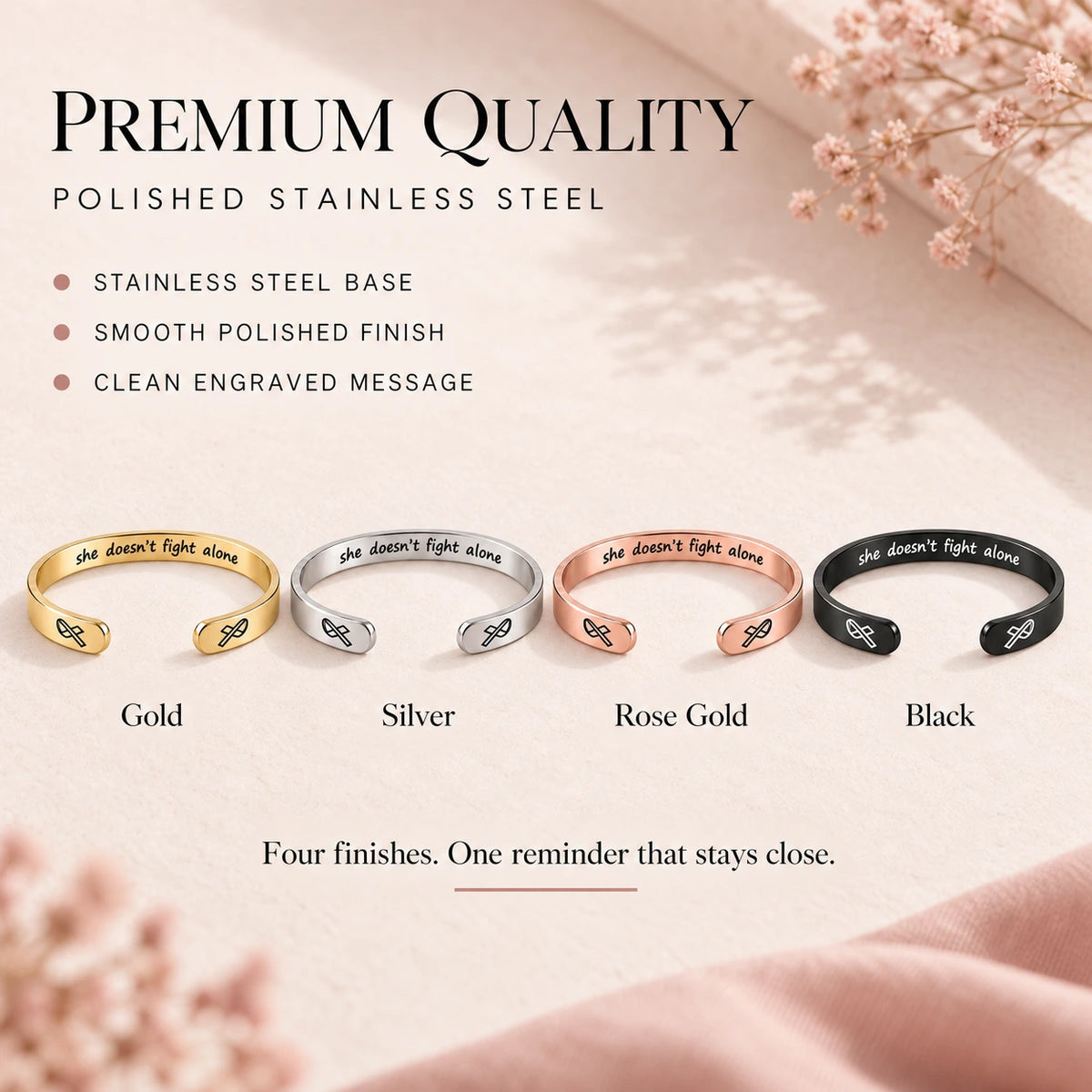 Cancer-support cuff in Gold, Silver, Rose Gold and Black polished stainless steel finishes