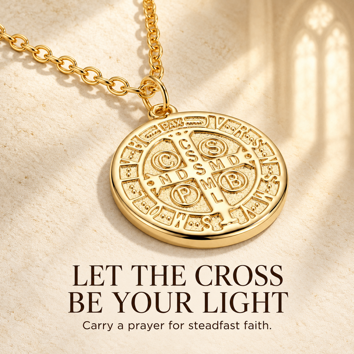 Guardian Benedict Medal Necklace with Let the Cross Be Your Light devotional message