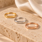 Custom Engraved Name Ring shown in gold, silver and rose gold finishes