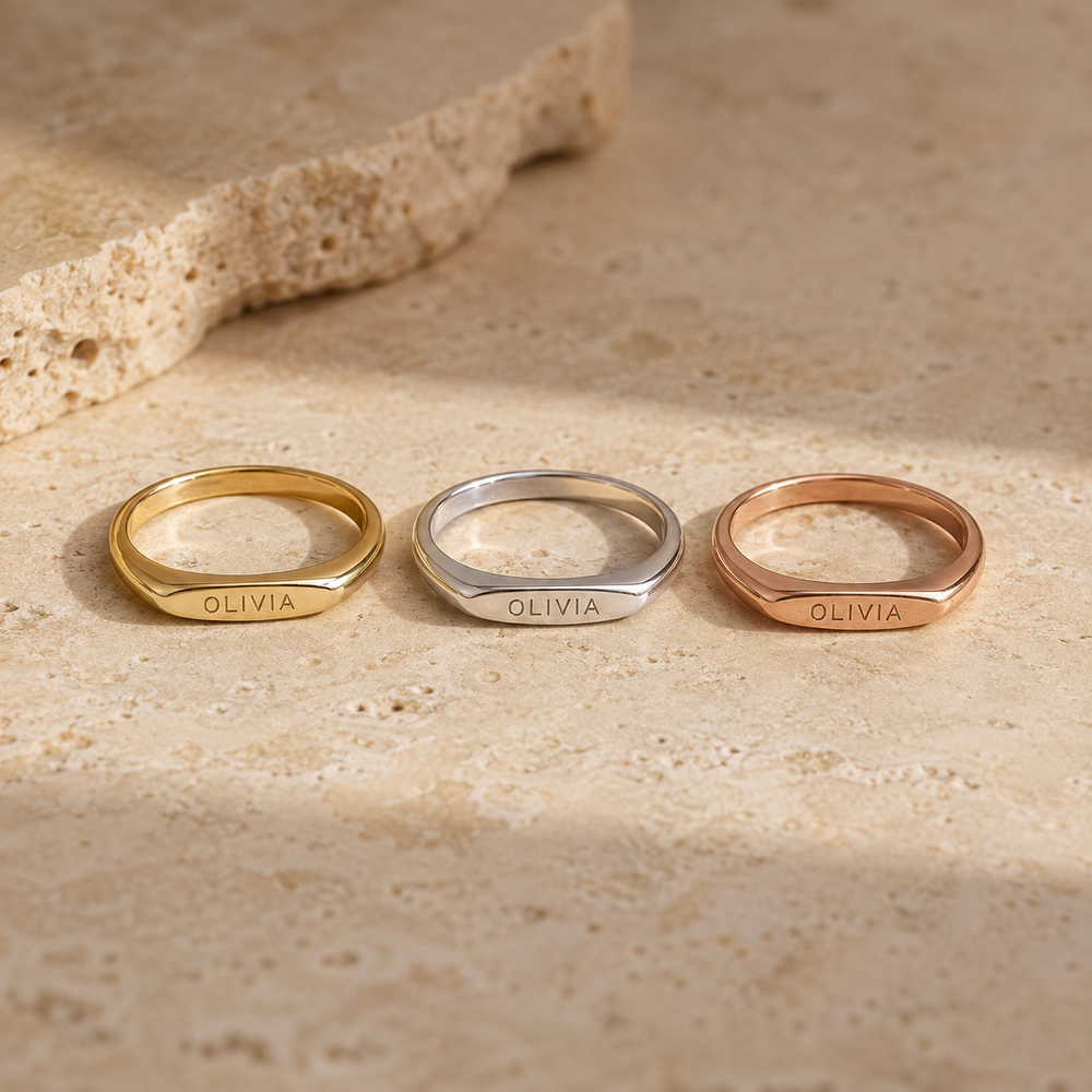 Custom engraved ring shown in Gold Silver and Rose Gold