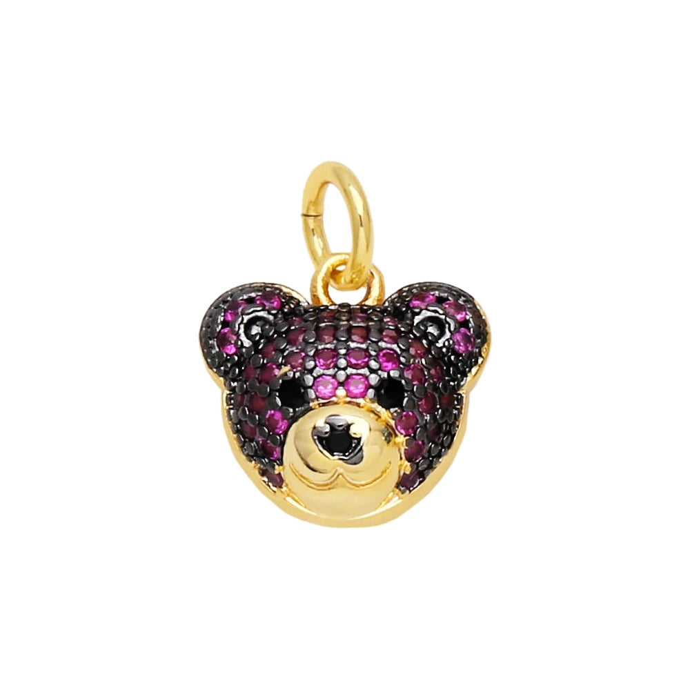 Fuchsia Crystal Bear Face Dangle Charm in gold-plated copper on white background