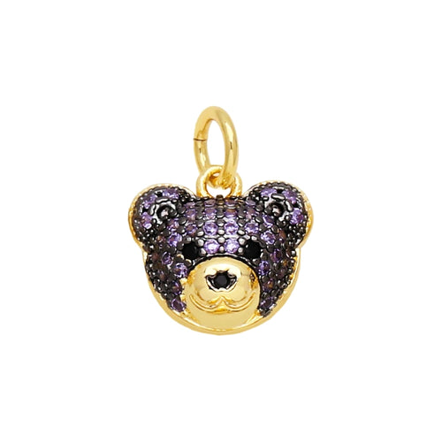 Black Crystal Bear Face Dangle Charm in gold-plated copper on white background