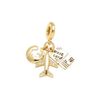 Airplane, Globe & Postcard Travel Dangle Charm in gold-plated copper on white background