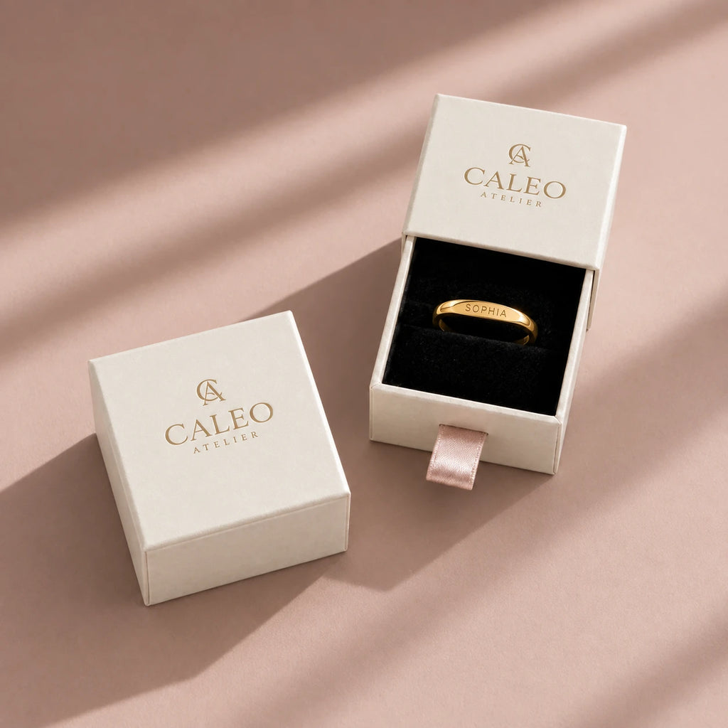 Custom Engraved Name Ring in CALEO gift packaging