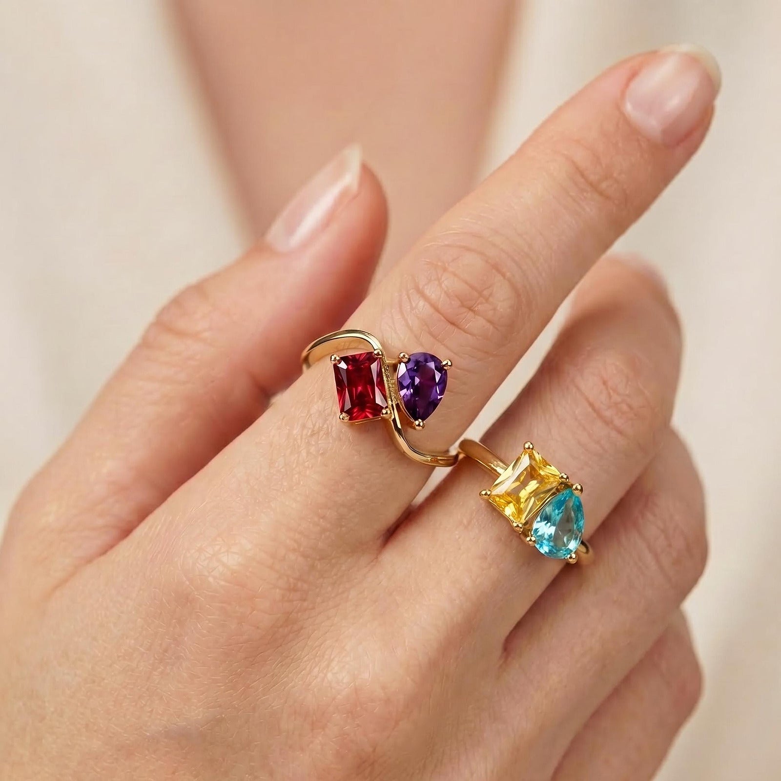 Mother daughter two stone birthstone rings with personalized color pairs