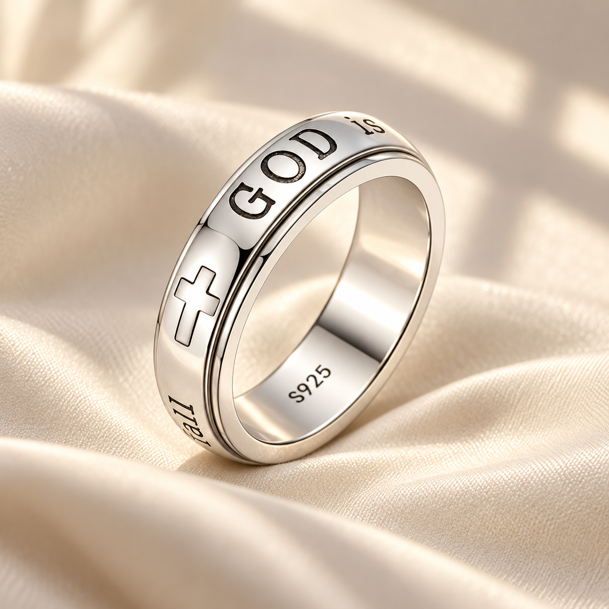 CALEO Psalm 46:5 silver spinner ring on ivory silk