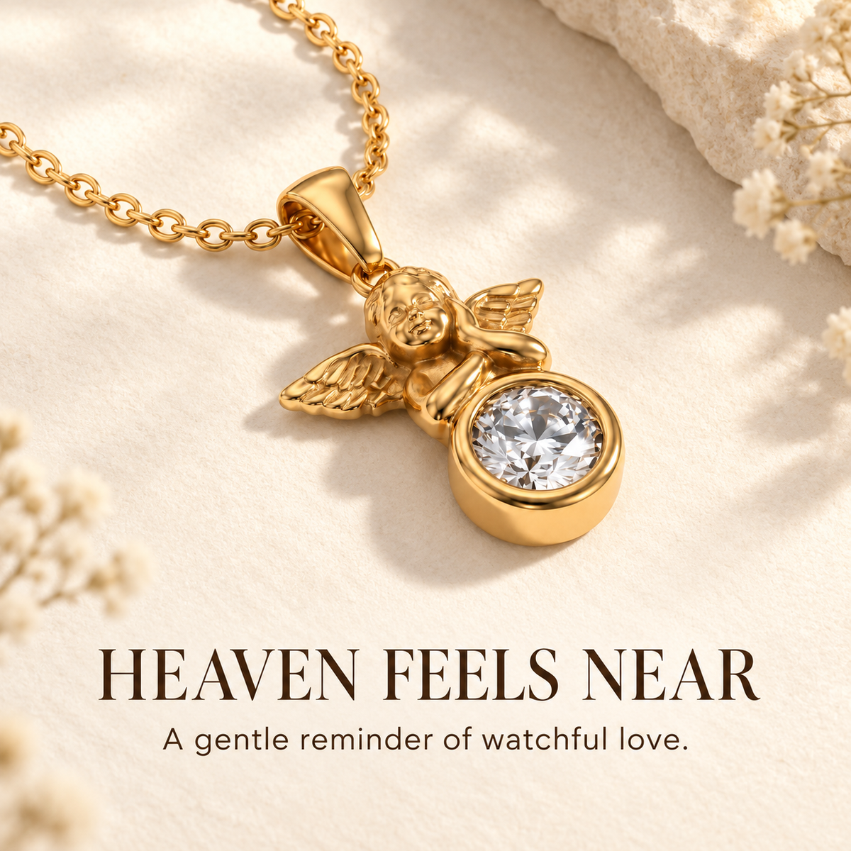 Guardian Light Angel Necklace with Heaven Feels Near devotional message