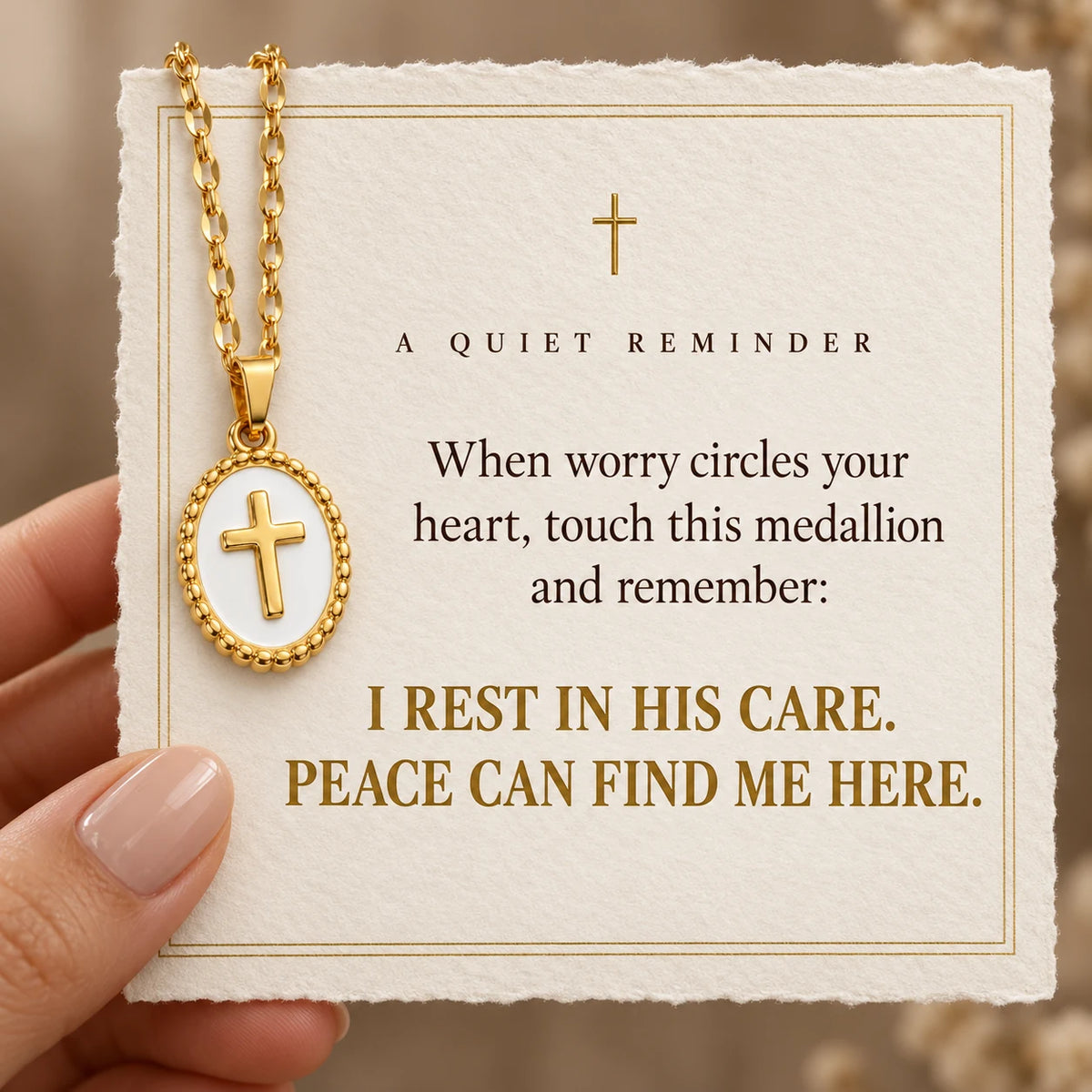 Halo Cross Medallion Necklace — Peace Surrounds You devotional card