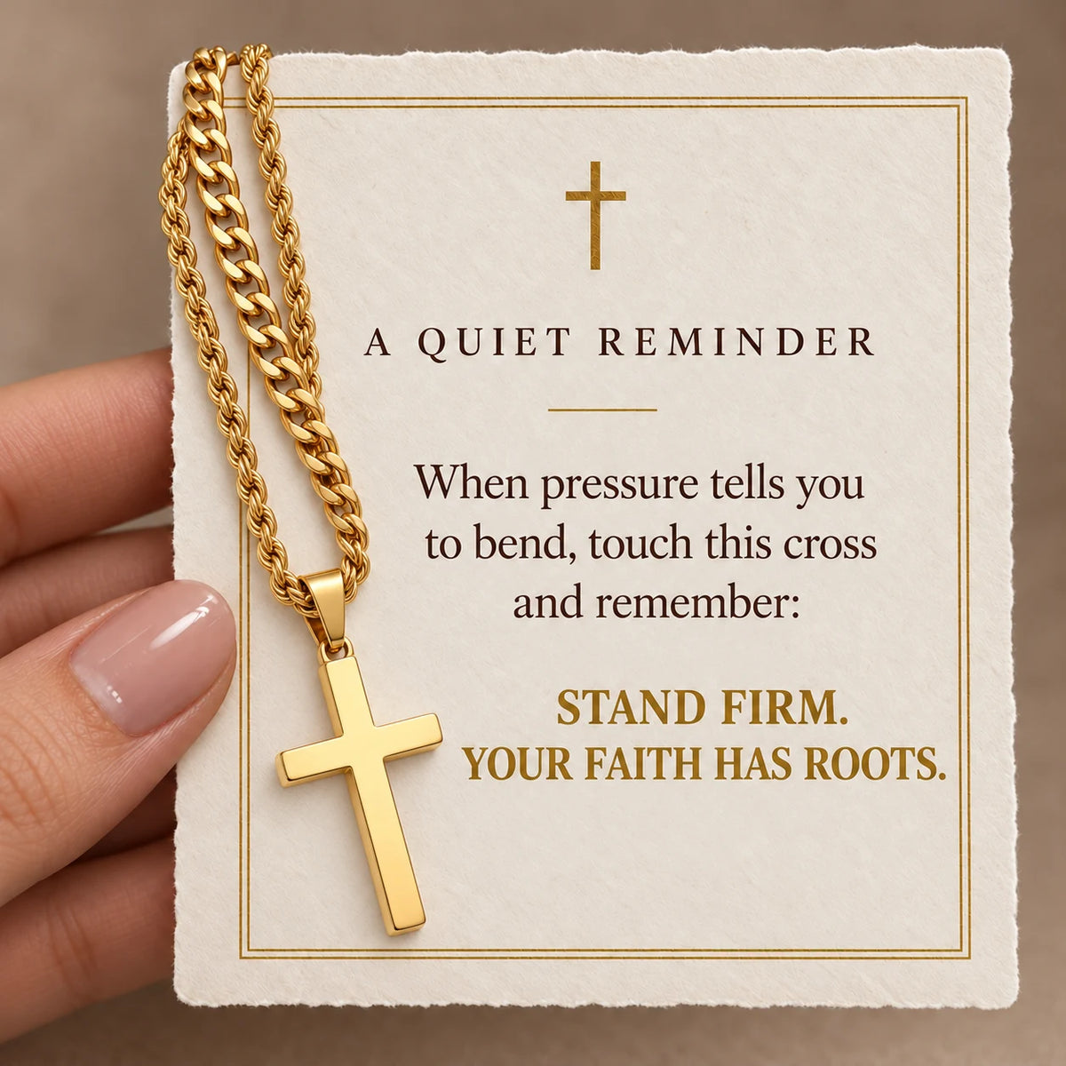 Cuban Faith Layered Cross Necklace devotional card — Your Faith Has Roots