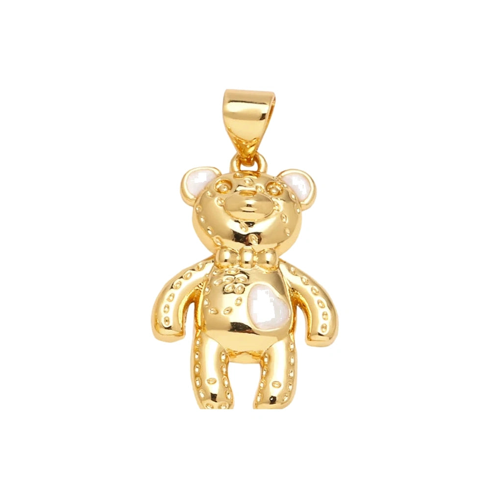 White Enamel Teddy Bear Pendant Charm in gold-plated copper on white background