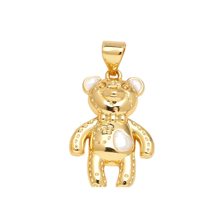 White Enamel Teddy Bear Pendant Charm in gold-plated copper on white background