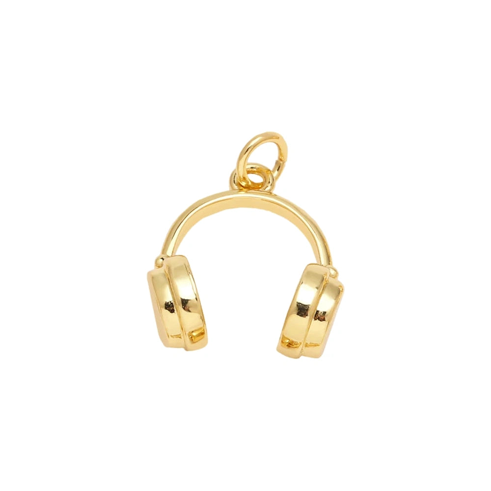 Gold Headphones Dangle Charm in gold-plated copper on white background