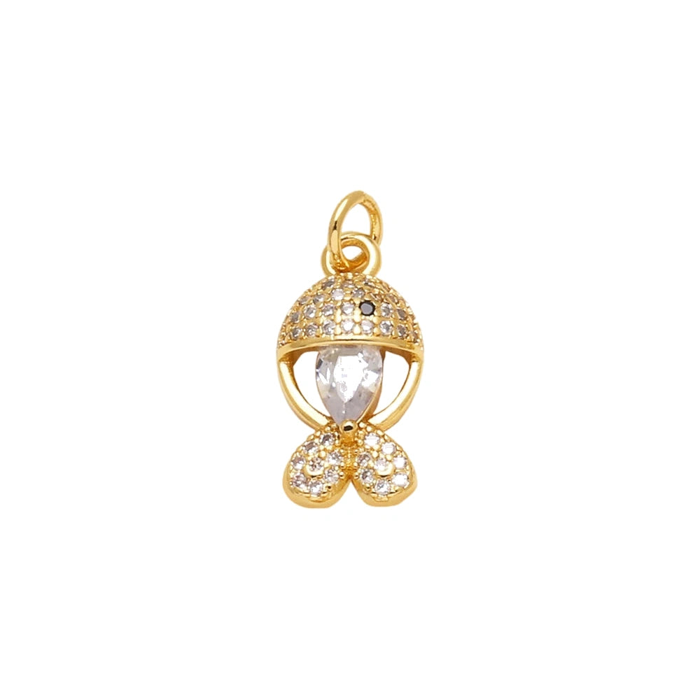 Clear Crystal Fish Pendant Charm in gold-plated copper on white background