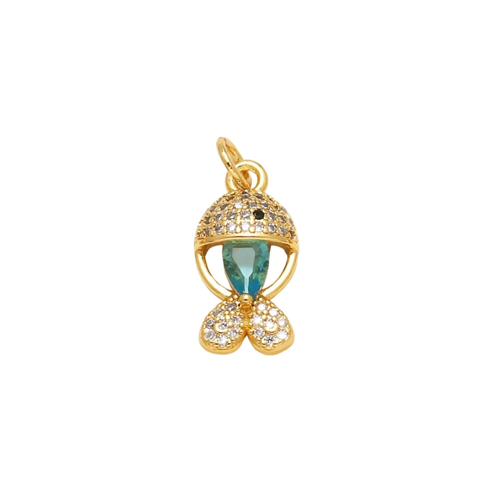 Blue Crystal Fish Pendant Charm in gold-plated copper on white background