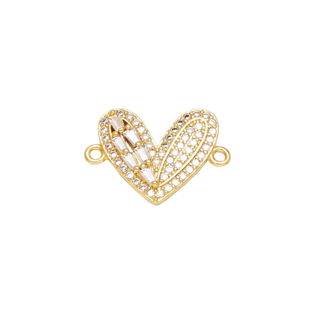 V-Shaped Crystal Heart Connector Charm in gold-plated copper on white background