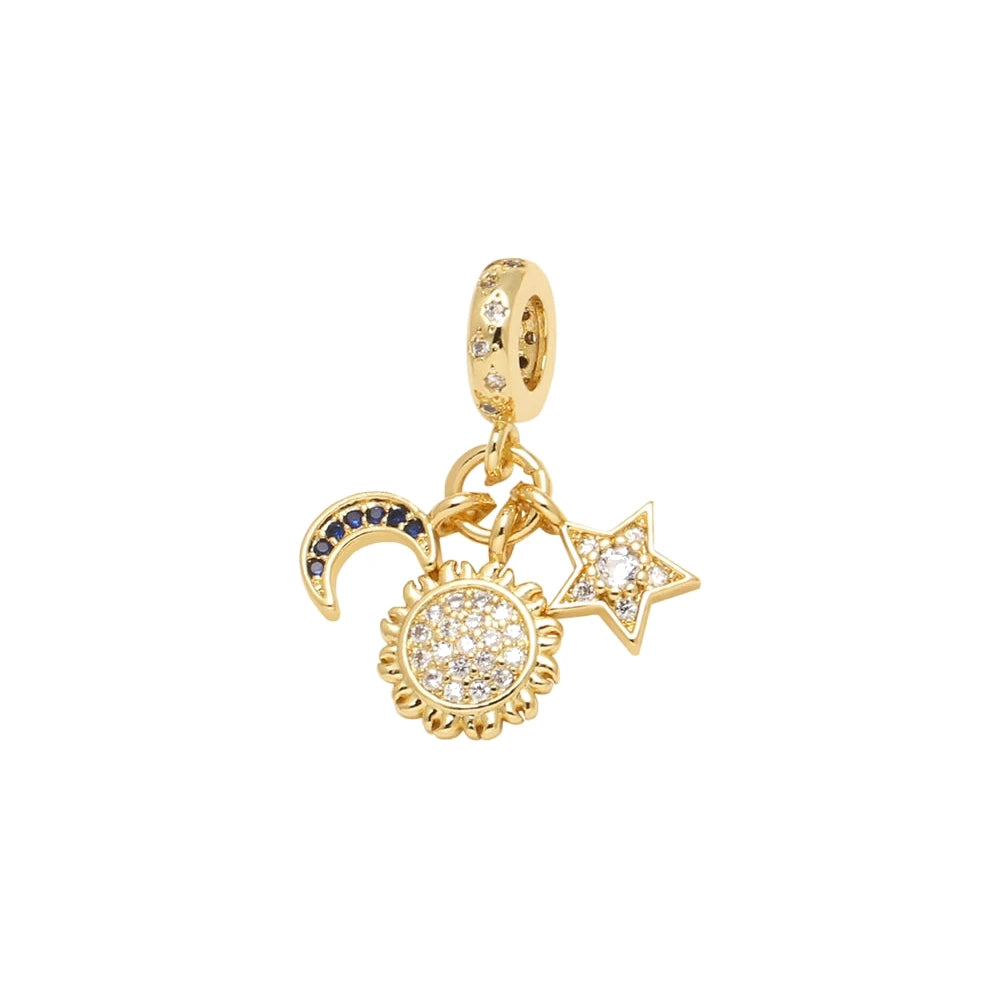 Celestial Sun, Moon & Star Dangle Charm in gold-plated copper on white background