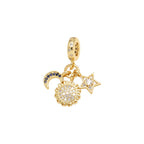 Celestial Sun, Moon & Star Dangle Charm in gold-plated copper on white background