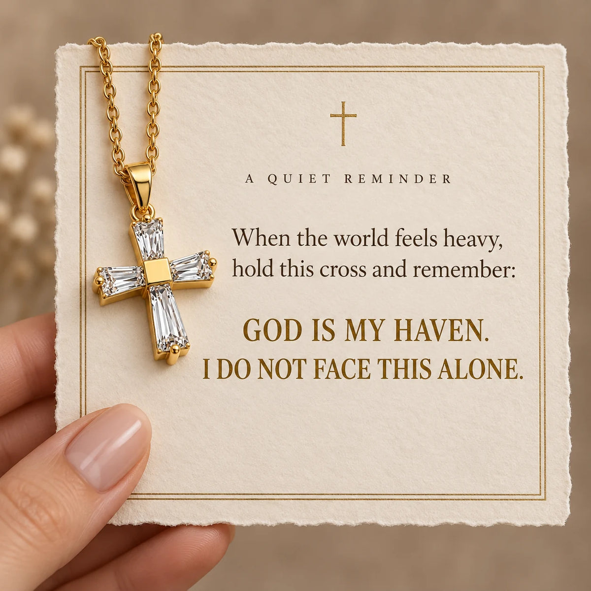 Haven Cross Necklace — God Is Your Refuge devotional card