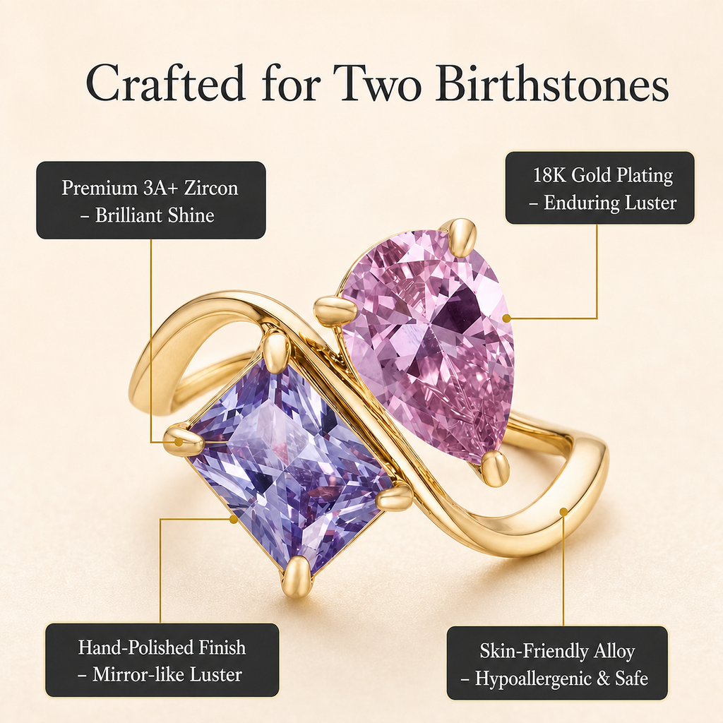 Two stone birthstone ring craftsmanship with 18K gold plating and 3A+ zircon