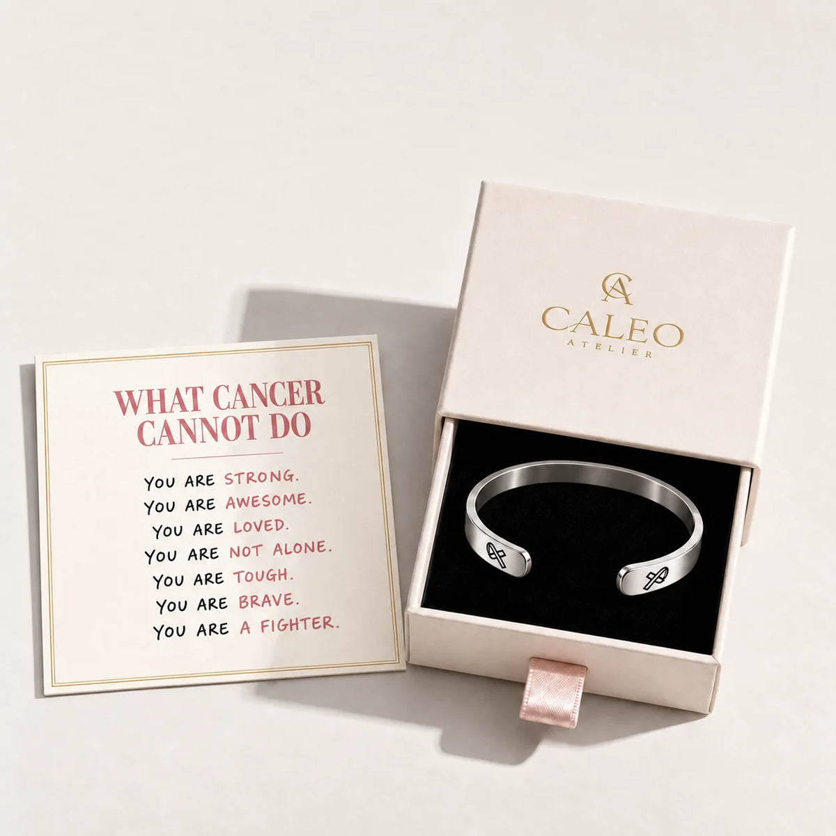 What Cancer Cannot Do – universal affirmation card without symbol and continuous silver cuff in CALEO ATELIER gift box
