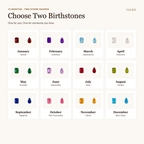 Twelve monthly birthstone colors in square and water drop shapes